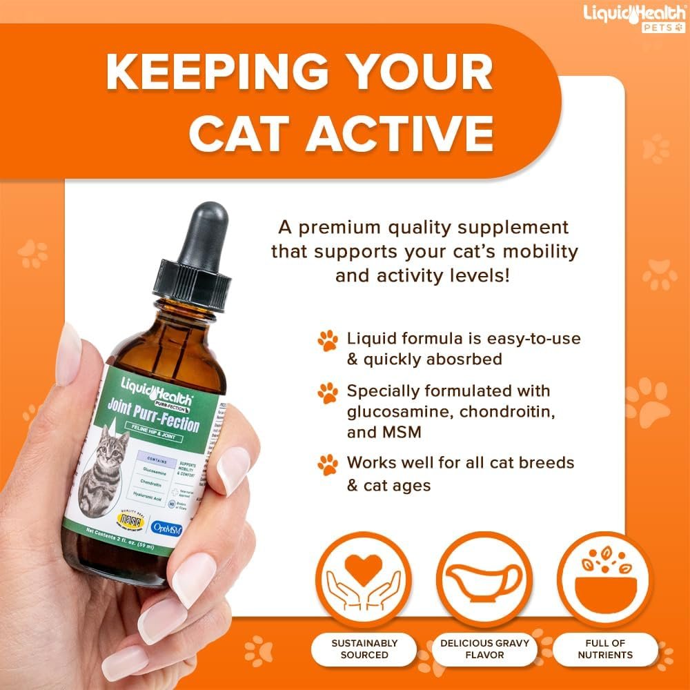 LIQUIDHEALTH 2.3 Oz Liquid Cat Glucosamine Joint Purr-Fection – Hip and Joint Support, Chondroitin Feline Droppers – Senior Older Cats, Kittens