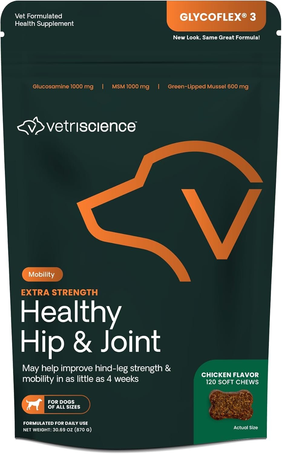 VetriScience Glycoflex 3 Hip and Joint Supplement for Dogs – Maximum Strength Dog Supplement with Glucosamine, MSM, Green Lipped Mussel & DMG – 120 Chews, Chicken Flavor