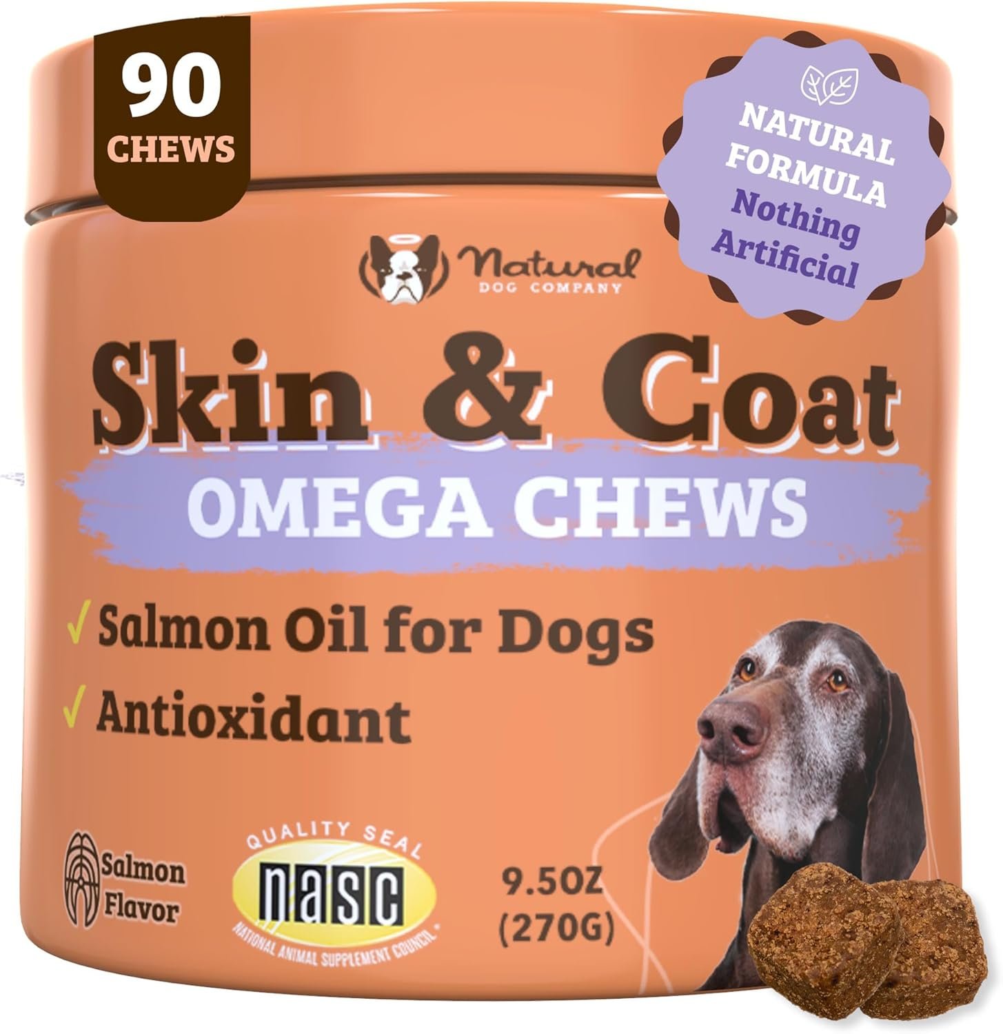 Natural Dog Company Skin & Coat Chews, Salmon & Peas Flavor, Dog Vitamins and Supplements for Healthy Skin & Coat, Itch Relief for Dogs with Allergies, with Biotin, Vitamin E, Omega 3, Antioxidant