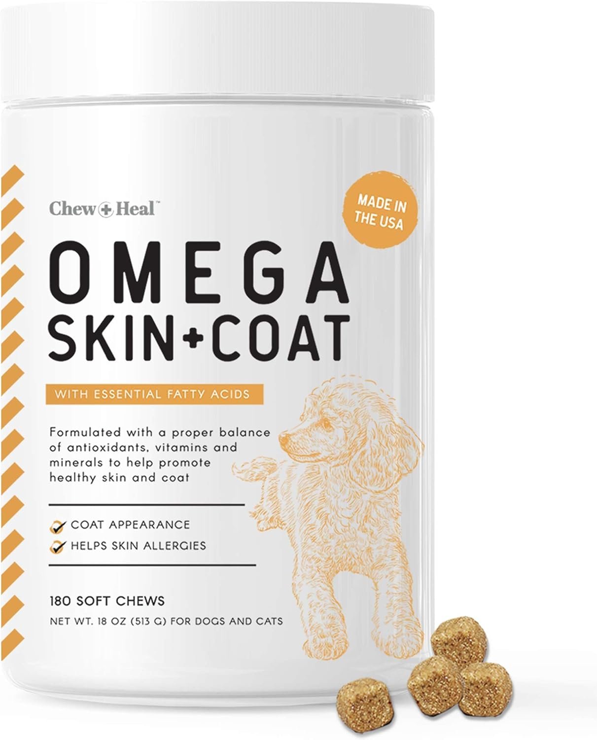 Salmon Oil for Dogs – 180 Soft Chew Omega Treats for Skin and Coat – Fish Oil Blend of Essential Fatty Acids, Omega 3 and 6, Vitamins, Antioxidants and Minerals – Made in USA