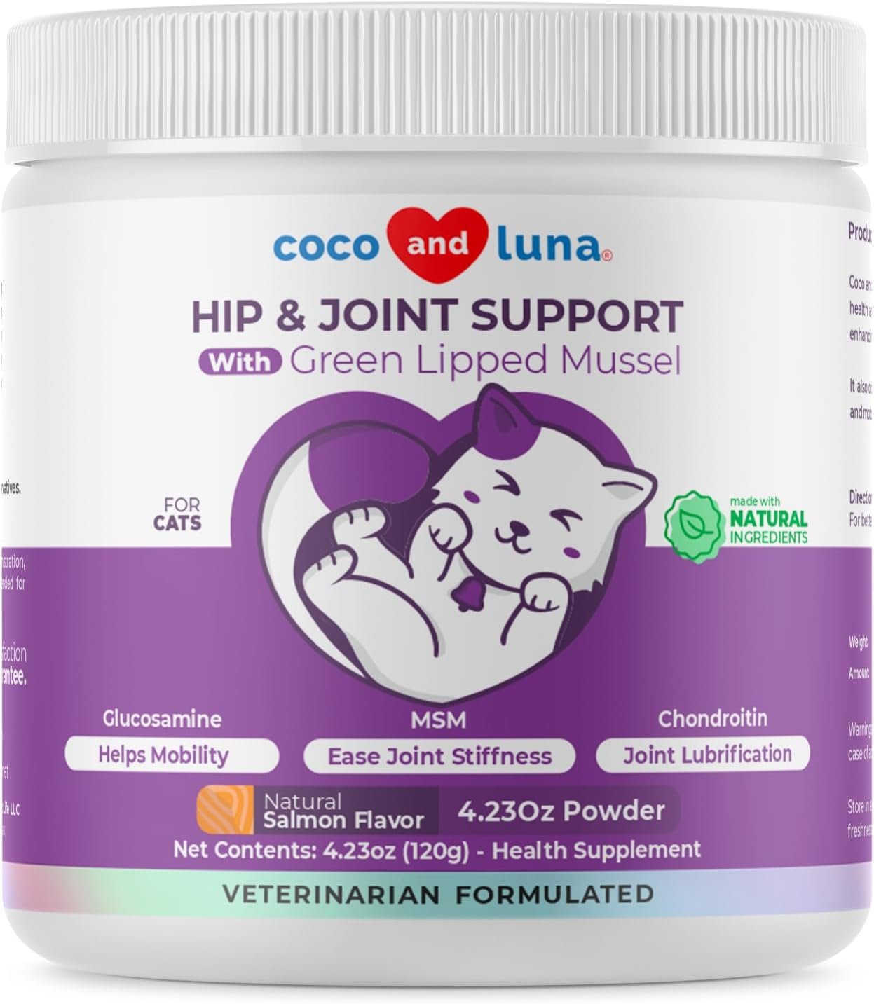 Glucosamine for Cats – 4.23oz/120g Powder – Hip and Joint Supplement for Cats with Green Lipped Mussel, MSM, Chondroitin, and Vitamin E (for Cats)