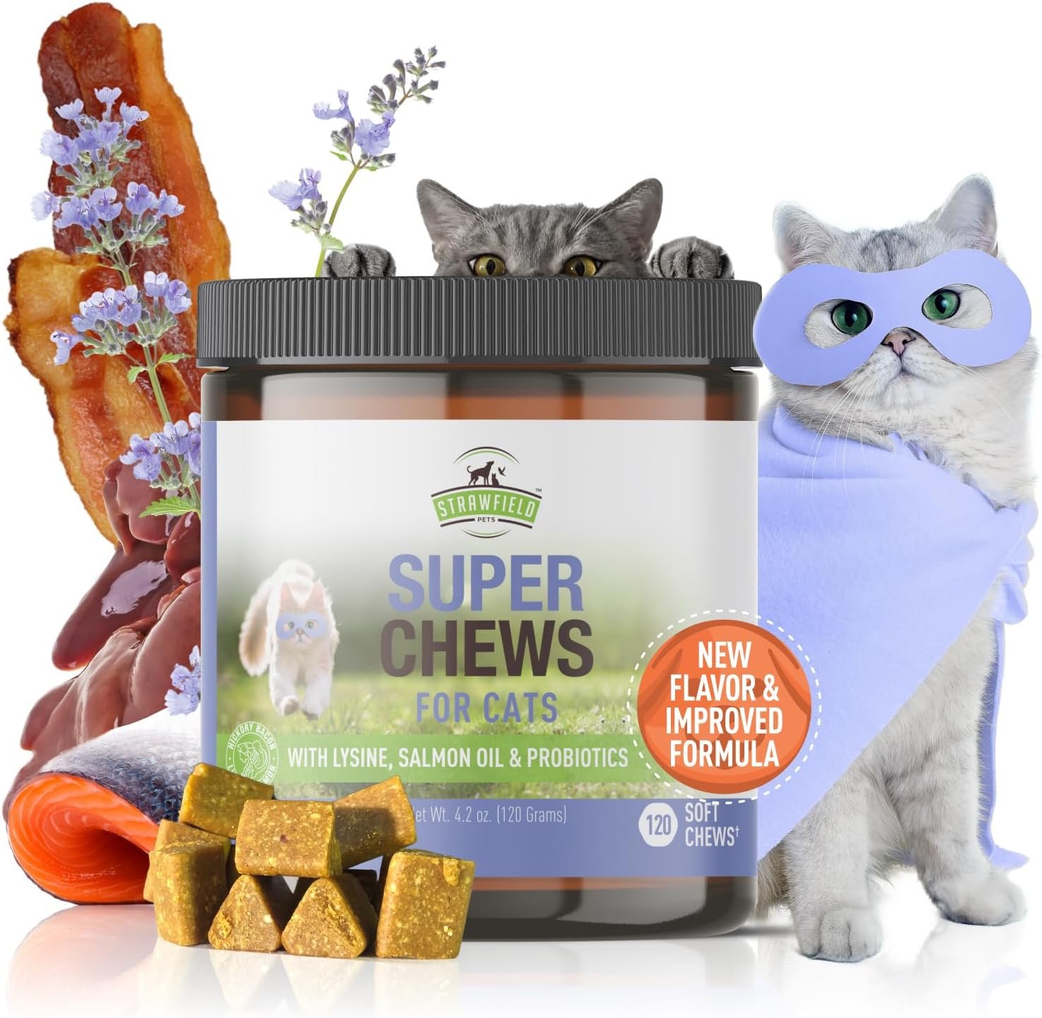 Strawfield Pets Super Chews for Cats – Lysine, Probiotics, Omega 3 Fish Oil (Salmon Oil), Catnip – Supports Immune, Gut, Skin & Joint Health –...