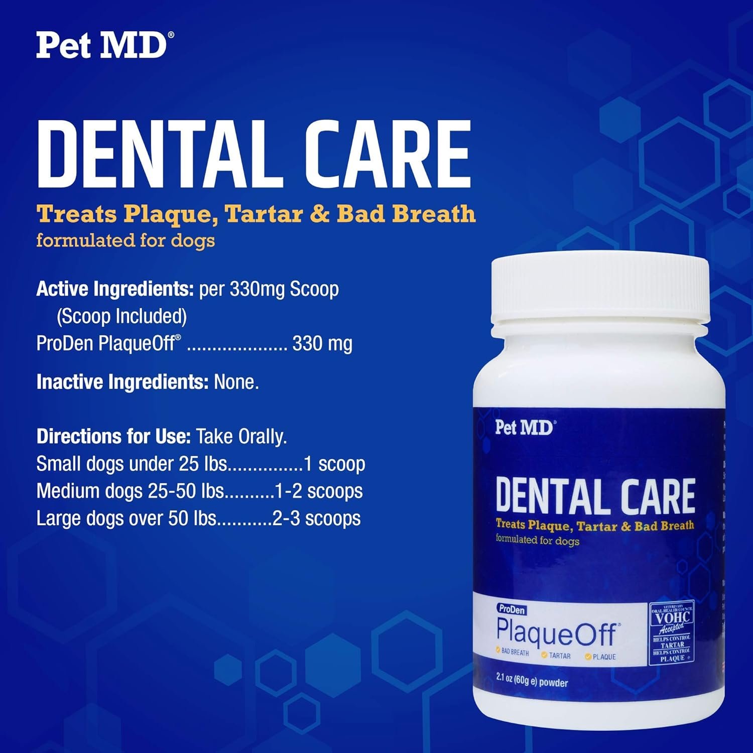 Pet MD Proden PlaqueOff Dog Teeth Cleaning Dental Care Powder – Oral Care Supplement for Dogs – Reduce Bad Breath, Tartar, & Plaque – 60g